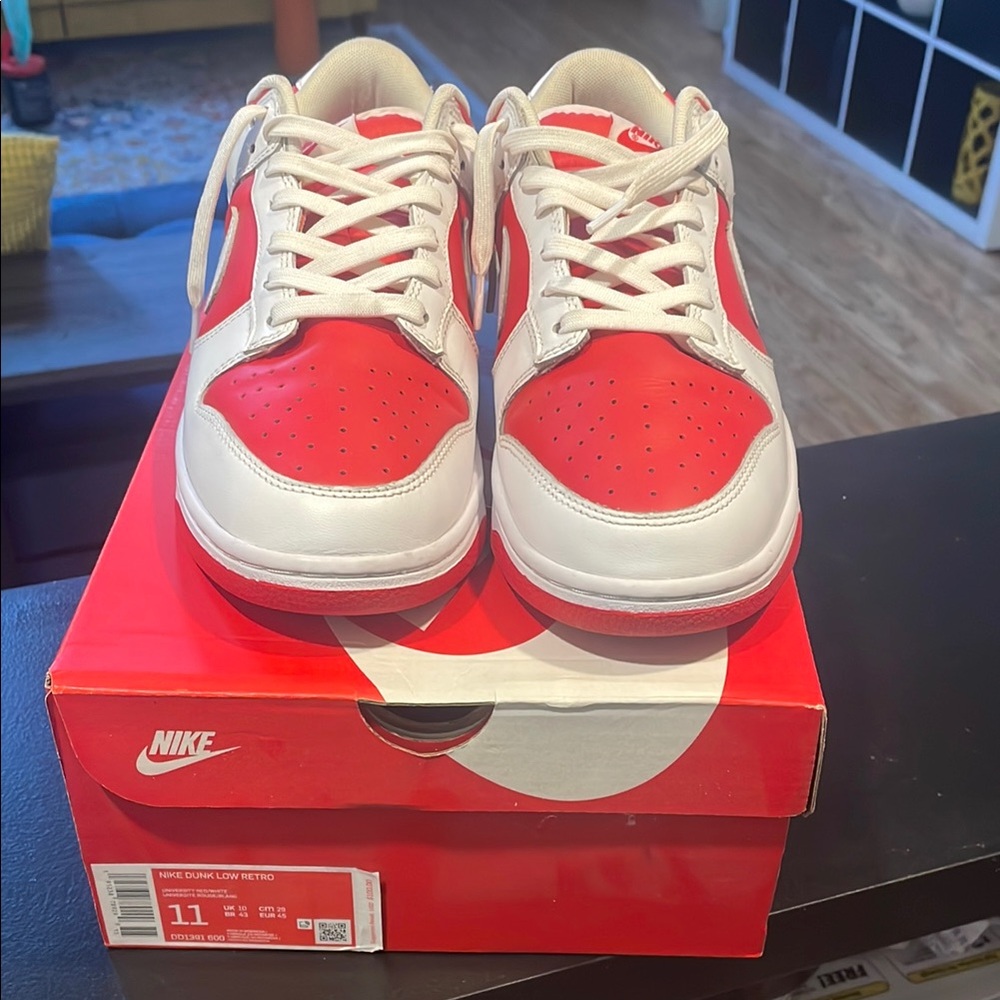 Nike Red and White Dunk Low Sneakers
